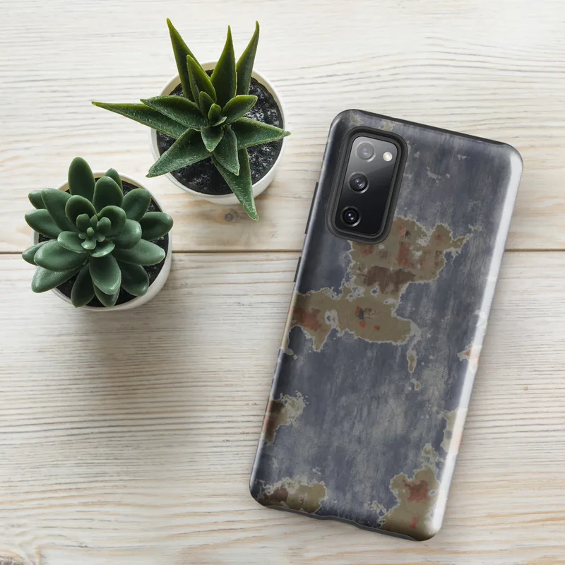 Glossy Urban Decay Peeling Paint Tough Case for Samsung — peeling steel-blue paint revealing sandy plaster and rust-red