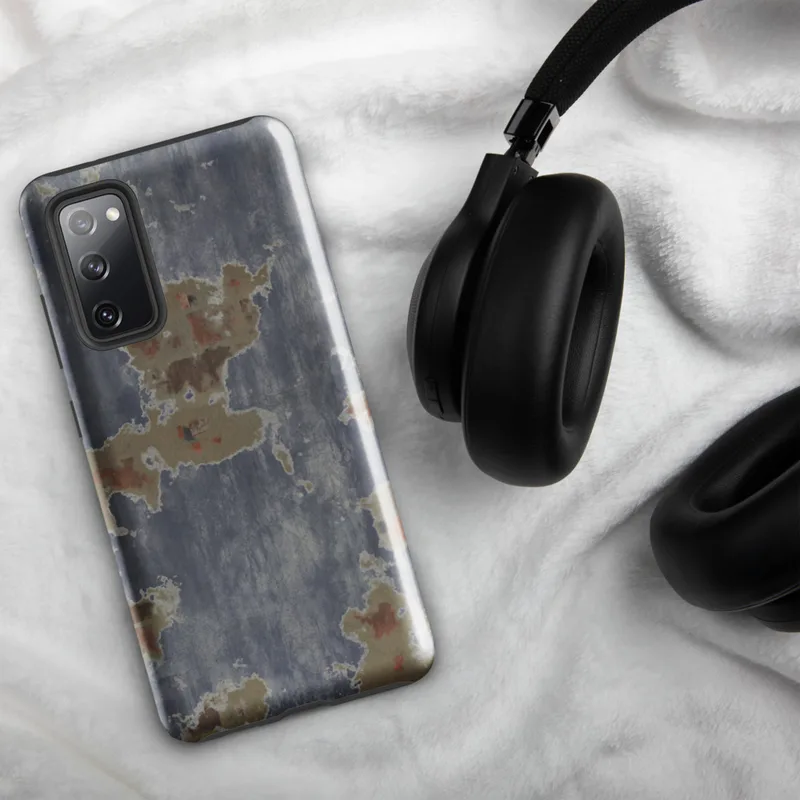 Glossy Urban Decay Peeling Paint Tough Case for Samsung — peeling steel-blue paint revealing sandy plaster and rust-red
