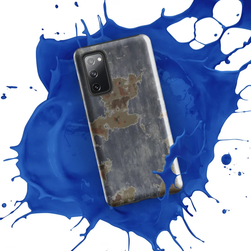 Glossy Urban Decay Peeling Paint Tough Case for Samsung — peeling steel-blue paint revealing sandy plaster and rust-red
