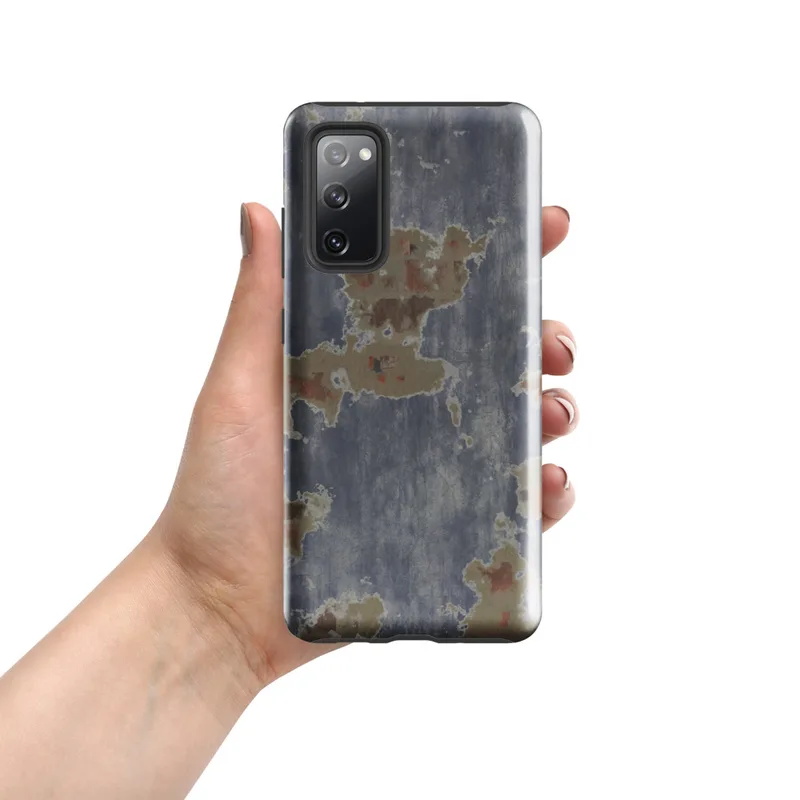 Glossy Urban Decay Peeling Paint Tough Case for Samsung — peeling steel-blue paint revealing sandy plaster and rust-red