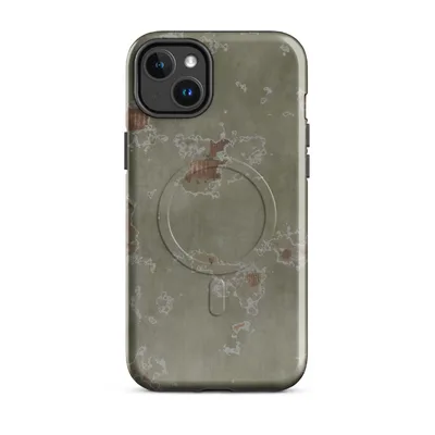 peeling olive-green plaster revealing terracotta brick and rusted metal beneath, scattered organic patches, muted earthy tones on Glossy Weathered Plaster Ruins MagSafe Tough Case for iPhone - default - Front view