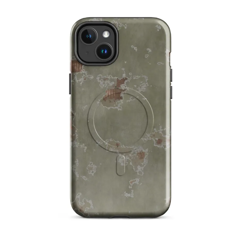 Glossy Weathered Plaster Ruins MagSafe Tough Case for iPhone — peeling olive-green plaster revealing terracotta brick