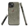Glossy Weathered Plaster Ruins MagSafe Tough Case for iPhone — peeling olive-green plaster revealing terracotta brick