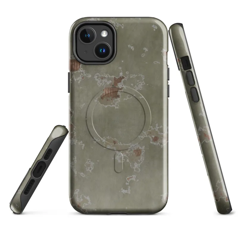 Glossy Weathered Plaster Ruins MagSafe Tough Case for iPhone — peeling olive-green plaster revealing terracotta brick