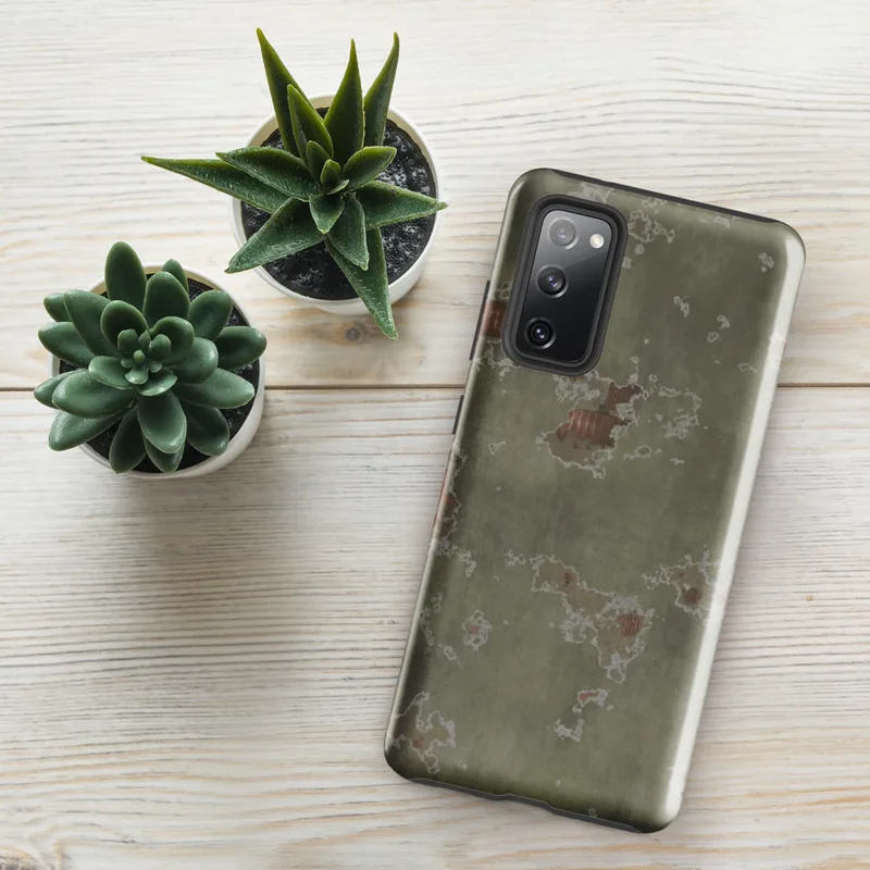 Glossy Weathered Wall Ruins Tough Case for Samsung — peeling sage green plaster wall with patches of exposed terracotta