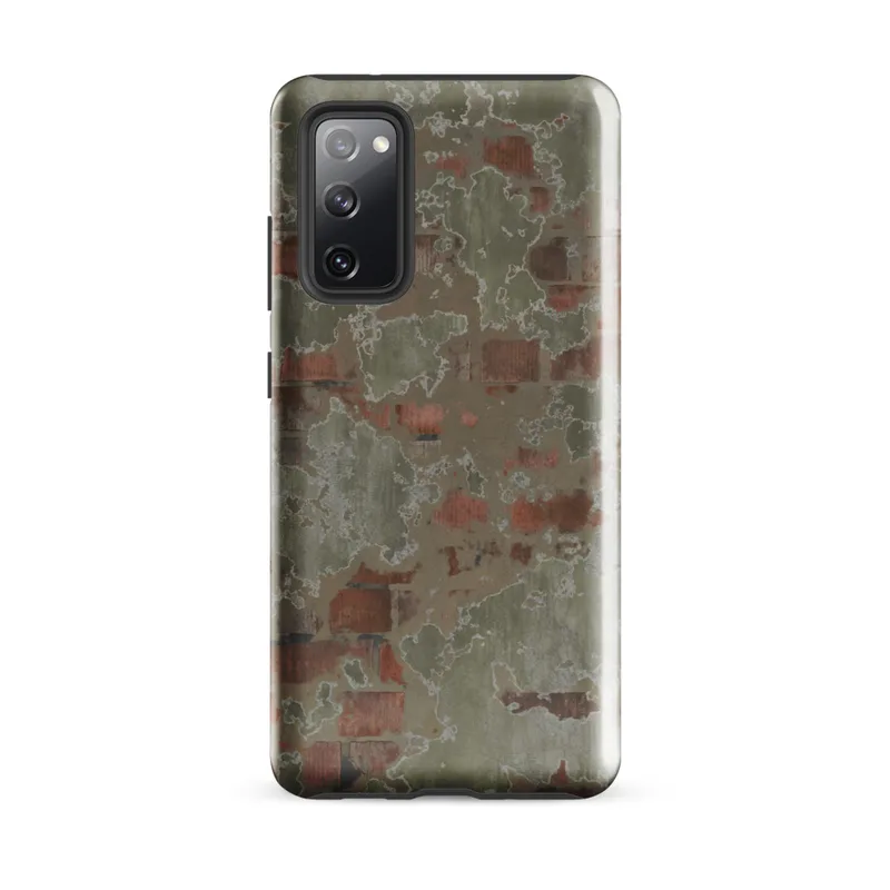 Glossy Weathered Brick Plaster Wall Tough Case for Samsung — peeling sage green plaster revealing aged red brick beneath