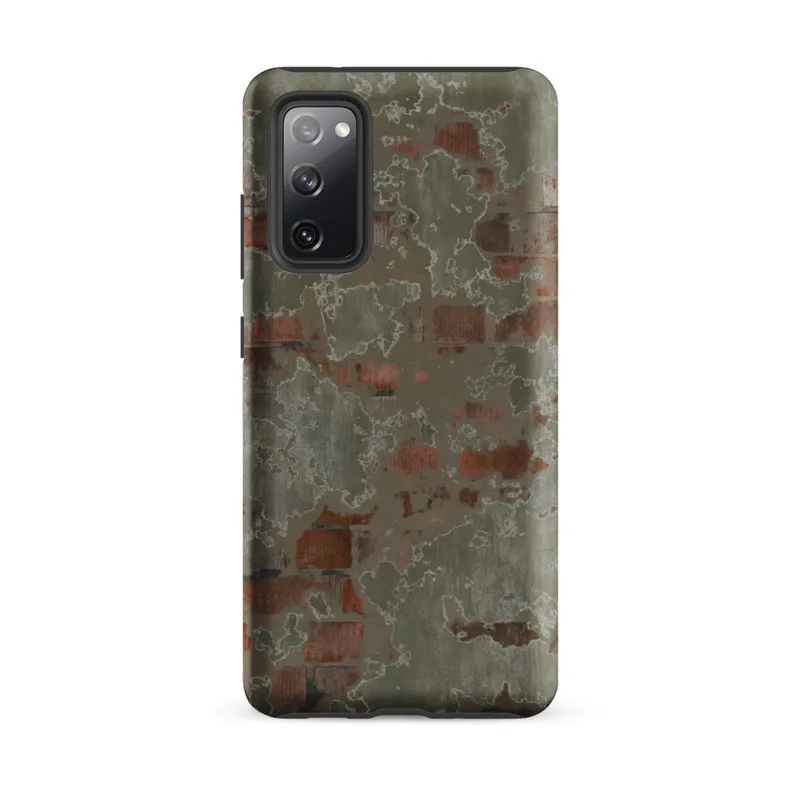 Matte Weathered Brick Plaster Wall Tough Case for Samsung — peeling sage green plaster revealing aged red brick beneath