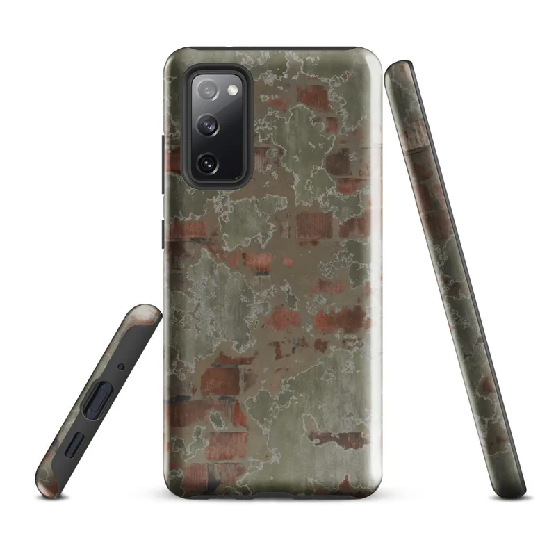 Glossy Weathered Brick Plaster Wall Tough Case for Samsung — peeling sage green plaster revealing aged red brick beneath