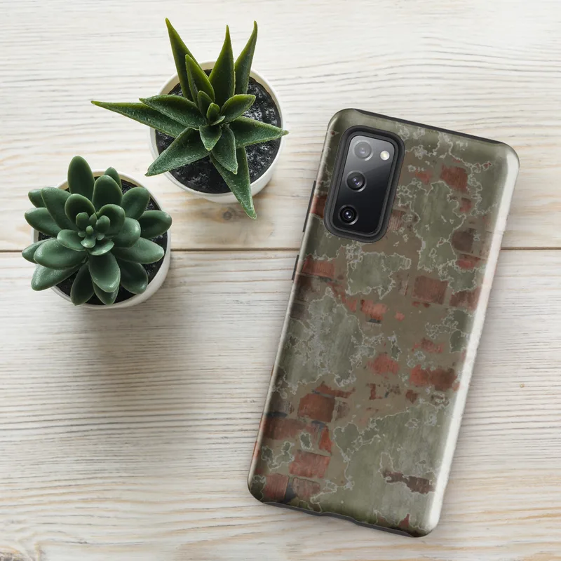 Glossy Weathered Brick Plaster Wall Tough Case for Samsung — peeling sage green plaster revealing aged red brick beneath