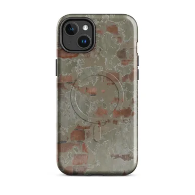 aged plaster wall with crumbling sage green stucco revealing eroded red brick in terracotta and olive tones on Glossy Crumbling Plaster Urban Wall MagSafe Tough Case for iPhone - default - Front view