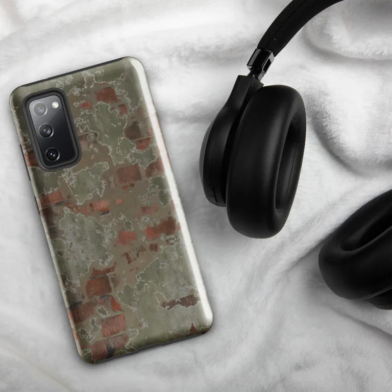 Glossy Weathered Brick Plaster Wall Tough Case for Samsung — peeling sage green plaster revealing aged red brick beneath