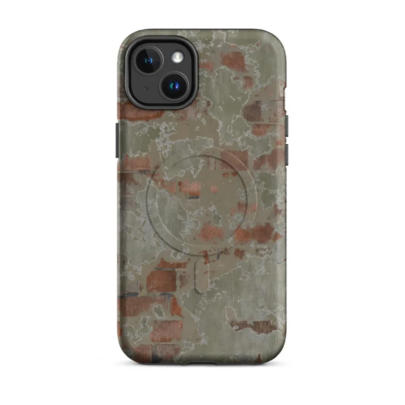 Matte Crumbling Plaster Urban Wall MagSafe Tough Case for iPhone — aged plaster wall with crumbling sage green stucco