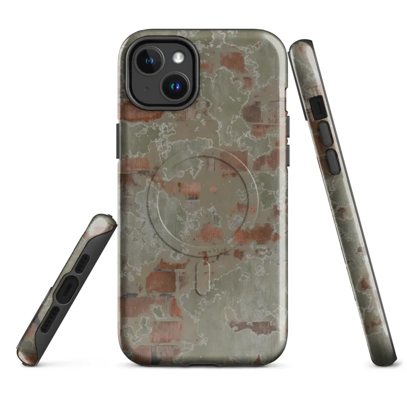 Glossy Crumbling Plaster Urban Wall MagSafe Tough Case for iPhone — aged plaster wall with crumbling sage green stucco
