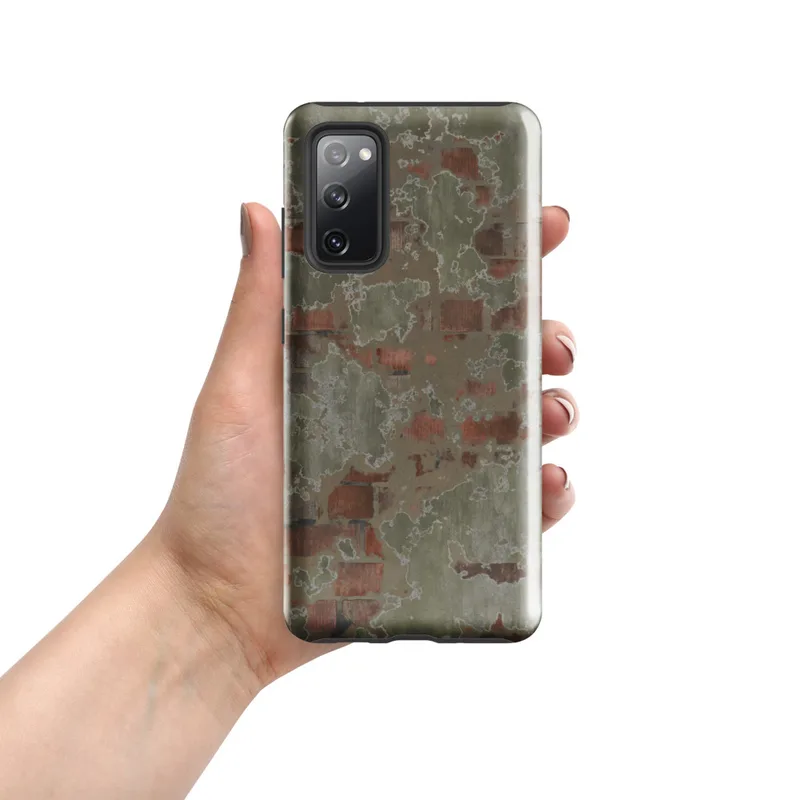 Glossy Weathered Brick Plaster Wall Tough Case for Samsung — peeling sage green plaster revealing aged red brick beneath