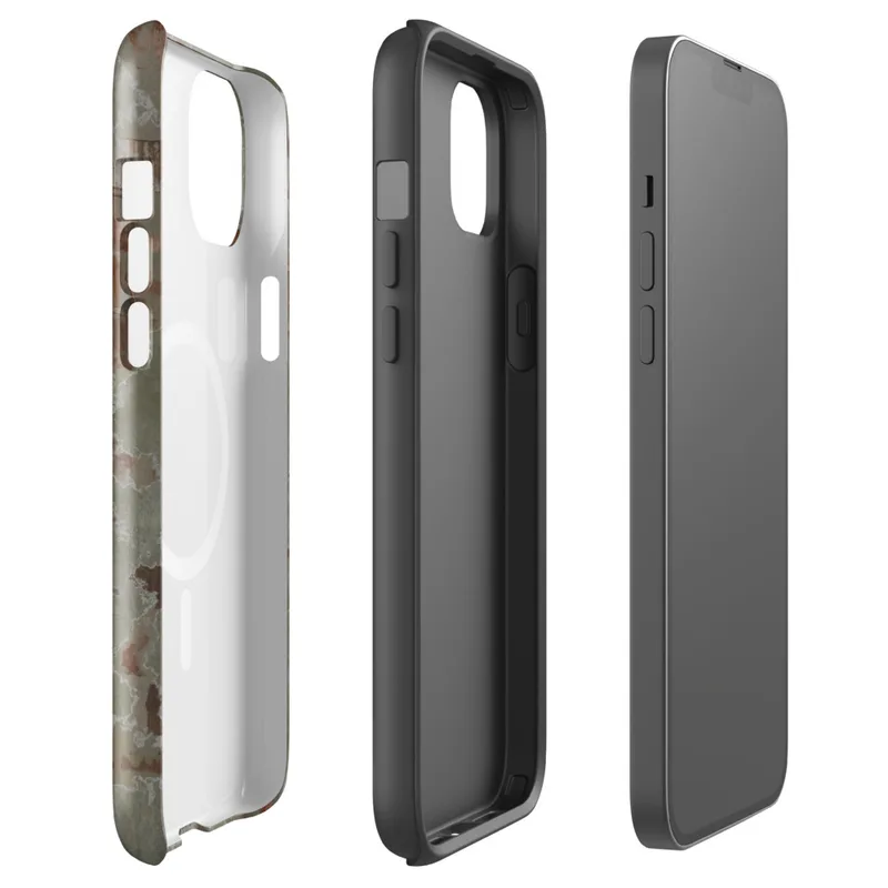 Glossy Crumbling Plaster Urban Wall MagSafe Tough Case for iPhone — aged plaster wall with crumbling sage green stucco