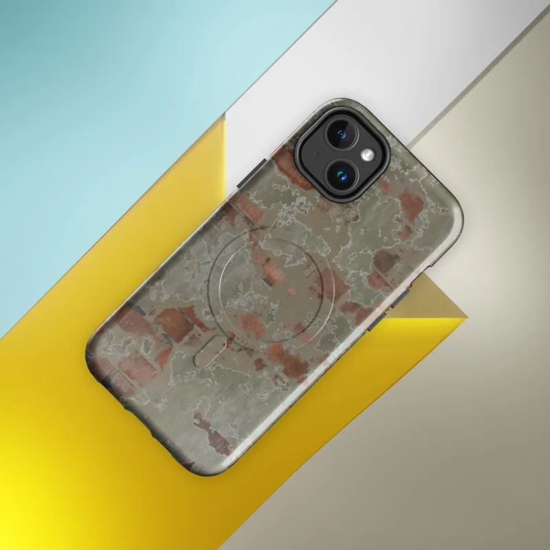 Glossy Crumbling Plaster Urban Wall MagSafe Tough Case for iPhone — aged plaster wall with crumbling sage green stucco