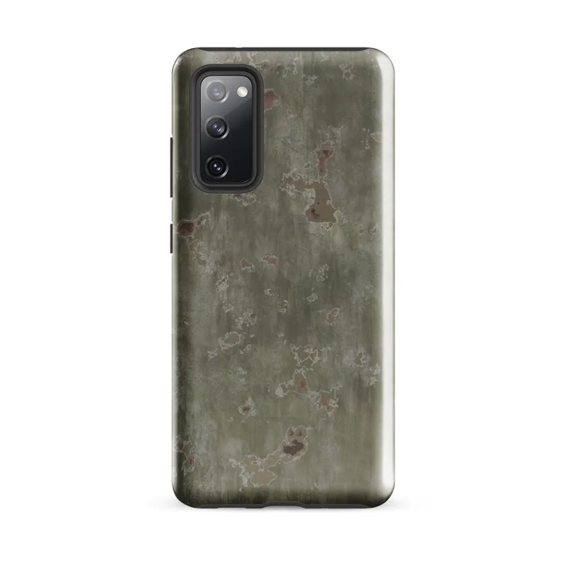 Glossy Weathered War Paint Tough Case for Samsung — aged military steel surface with streaked olive green paint, flaking