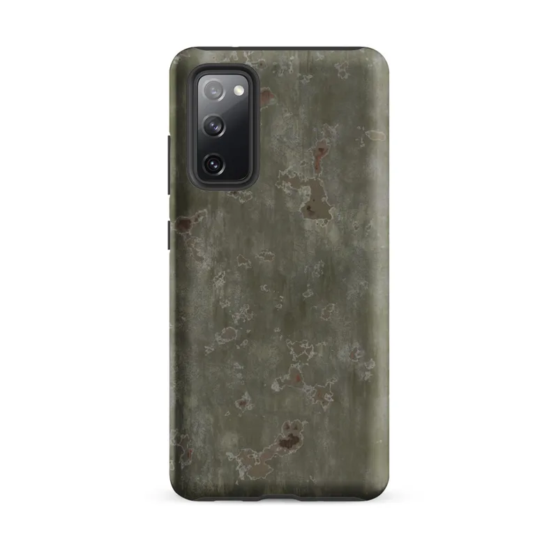 Matte Weathered War Paint Tough Case for Samsung — aged military steel surface with streaked olive green paint, flaking