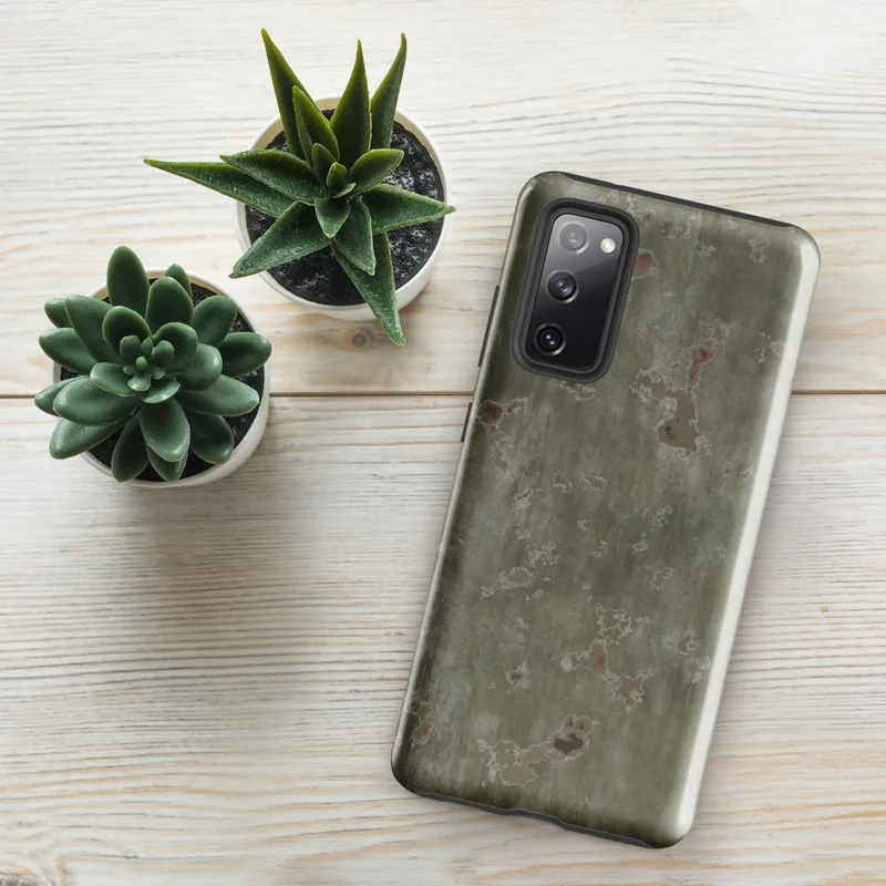 Glossy Weathered War Paint Tough Case for Samsung — aged military steel surface with streaked olive green paint, flaking