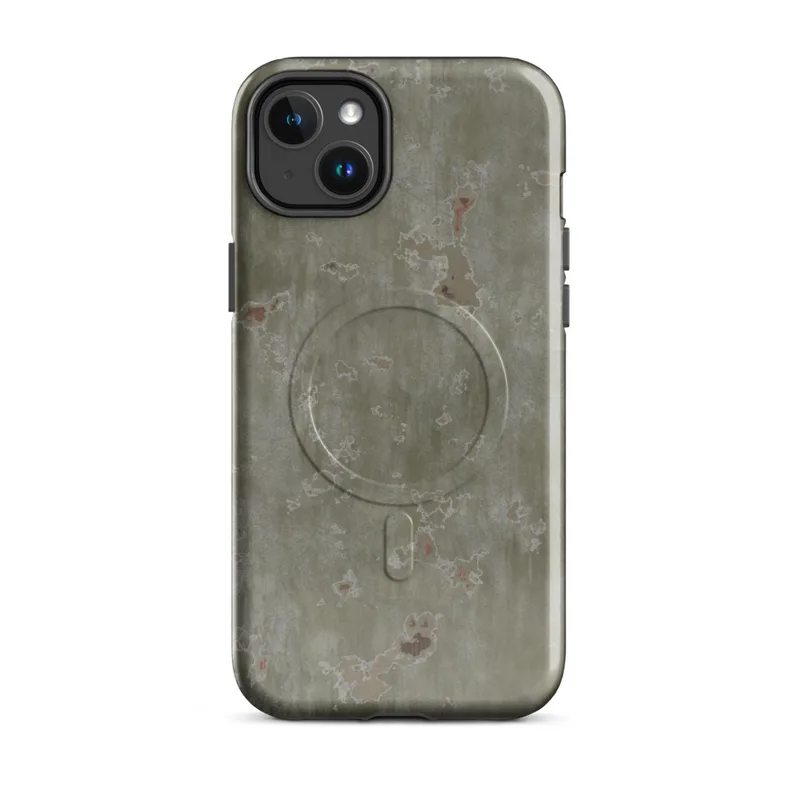 Glossy Weathered Olive Rust Field MagSafe Tough Case for iPhone — aged olive drab metal surface with peeling paint, rust