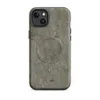 Matte Weathered Olive Rust Field MagSafe Tough Case for iPhone — aged olive drab metal surface with peeling paint, rust