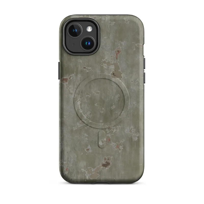 Matte Weathered Olive Rust Field MagSafe Tough Case for iPhone — aged olive drab metal surface with peeling paint, rust