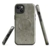 Glossy Weathered Olive Rust Field MagSafe Tough Case for iPhone — aged olive drab metal surface with peeling paint, rust