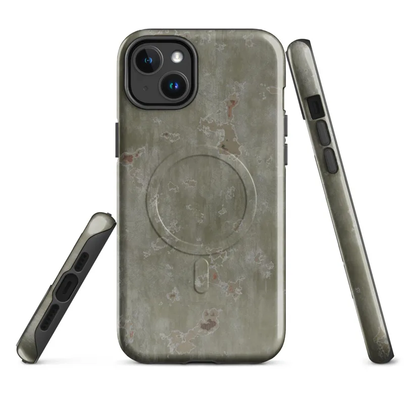 Glossy Weathered Olive Rust Field MagSafe Tough Case for iPhone — aged olive drab metal surface with peeling paint, rust