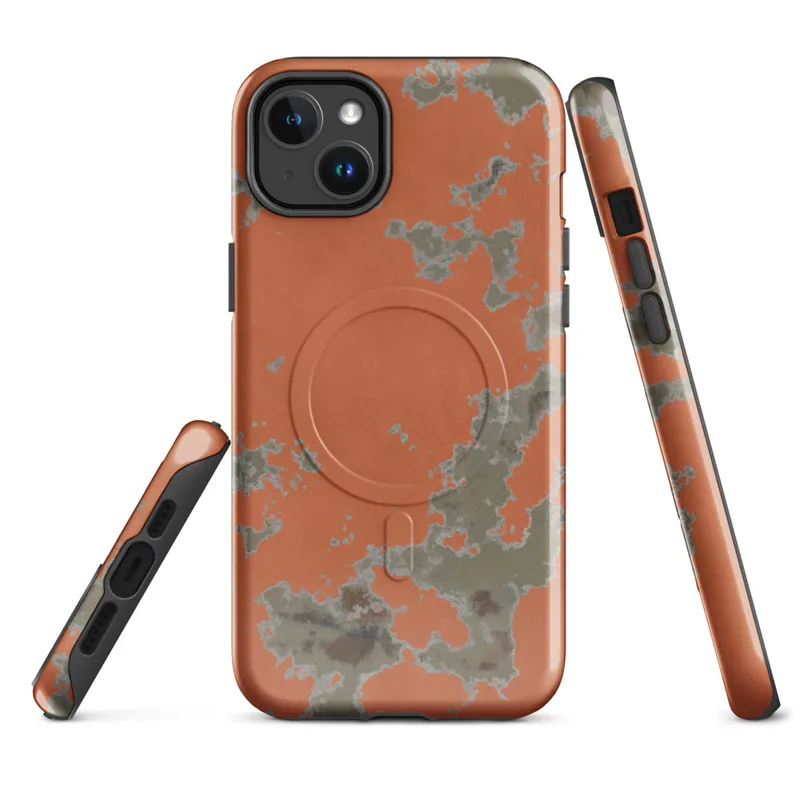 Glossy Crumbling Walls Rust MagSafe Tough Case for iPhone — peeling terracotta orange plaster revealing muted sage and stone