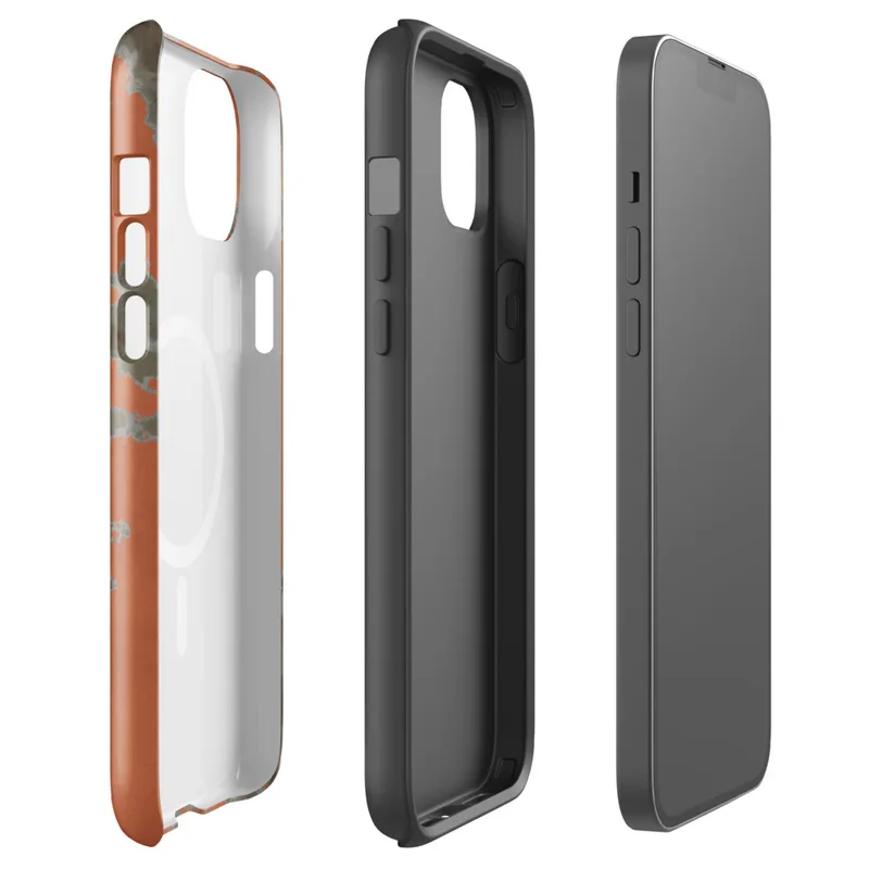 Glossy Crumbling Walls Rust MagSafe Tough Case for iPhone — peeling terracotta orange plaster revealing muted sage and stone