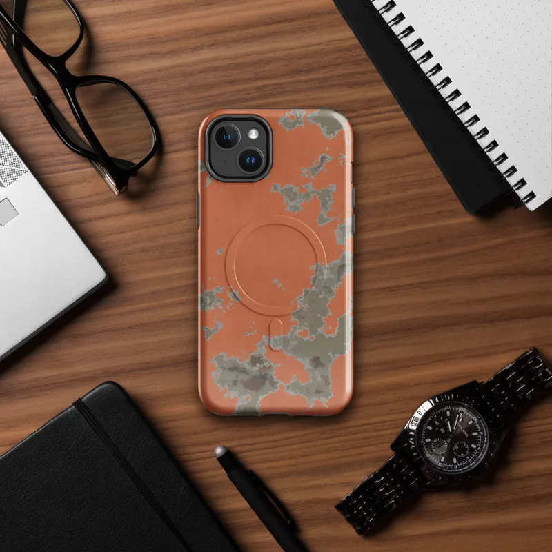Glossy Crumbling Walls Rust MagSafe Tough Case for iPhone — peeling terracotta orange plaster revealing muted sage and stone