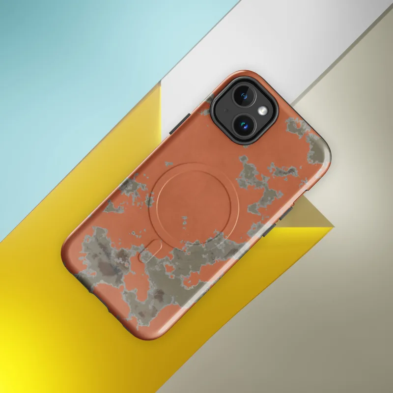 Glossy Crumbling Walls Rust MagSafe Tough Case for iPhone — peeling terracotta orange plaster revealing muted sage and stone