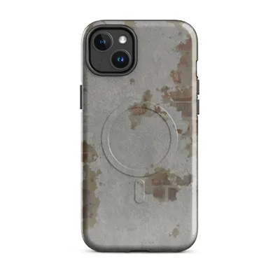 weathered concrete surface with peeling plaster revealing rust, ochre, and dark brick patches in muted grey tones on Glossy Weathered Concrete Urban Edge MagSafe Tough Case for iPhone - default - Front view