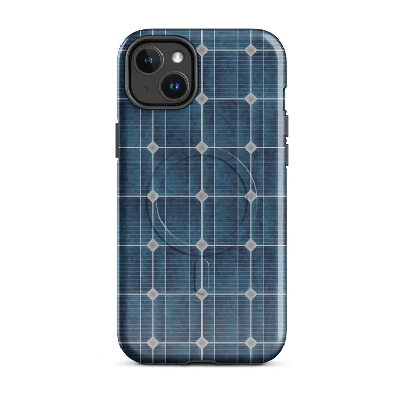 Glossy Solar Power MagSafe Tough Case for iPhone — repeating grid of deep navy and teal solar photovoltaic cells framed