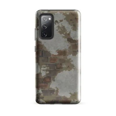 crumbling plaster wall revealing aged rustic bricks in earthy rust, taupe, and gray tones with a weathered distressed texture on Glossy Weathered Brick Wall Tough Case for Samsung - default - Front view