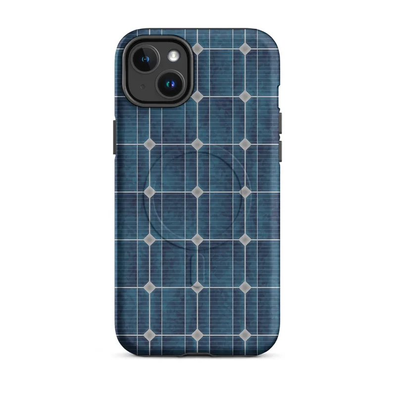 Matte Solar Power MagSafe Tough Case for iPhone — repeating grid of deep navy and teal solar photovoltaic cells framed