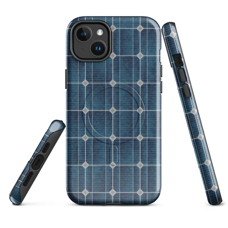 Glossy Solar Power MagSafe Tough Case for iPhone — repeating grid of deep navy and teal solar photovoltaic cells framed