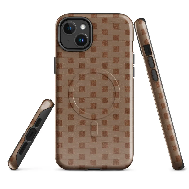 Glossy Woven Basket Weave Classic MagSafe Tough Case for iPhone — close-up woven basket weave pattern in warm terracotta