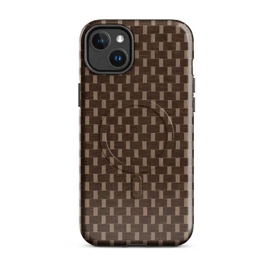 tightly woven basket weave pattern in dark espresso brown and warm sandy tan with a repeating interlocking rectangular grid on Glossy Woven Basketweave Texture MagSafe Tough Case for iPhone - default - Front view