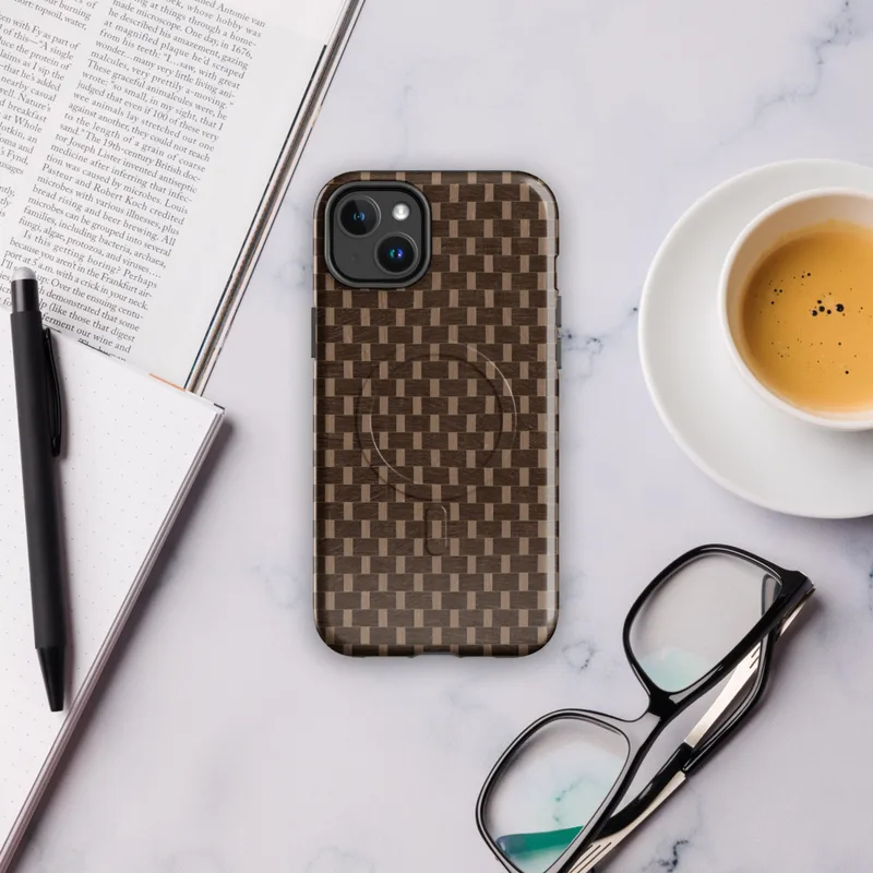 Glossy Woven Basketweave Texture MagSafe Tough Case for iPhone — tightly woven basket weave pattern in dark espresso brown