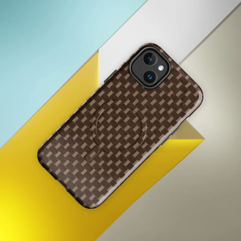 Glossy Woven Basketweave Texture MagSafe Tough Case for iPhone — tightly woven basket weave pattern in dark espresso brown