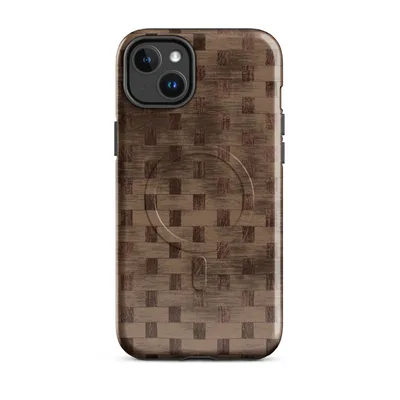 tightly woven basket weave pattern in warm brown and dark mahogany tones with visible wood grain texture throughout on Glossy Woven Woodgrain Basket Weave MagSafe Tough Case for iPhone - default - Front view
