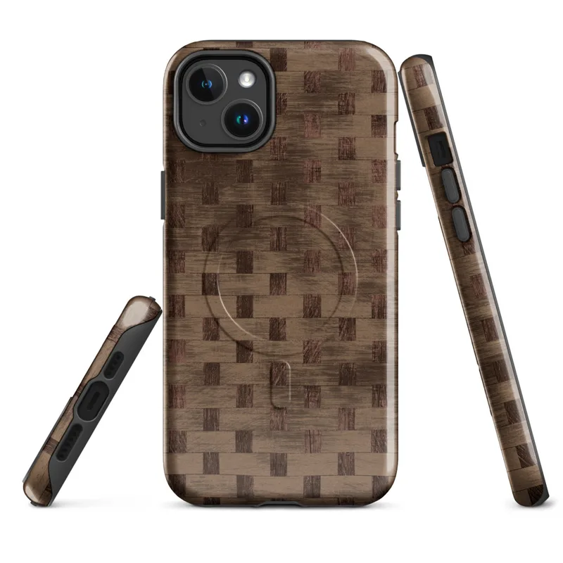Glossy Woven Woodgrain Basket Weave MagSafe Tough Case for iPhone — tightly woven basket weave pattern in warm brown