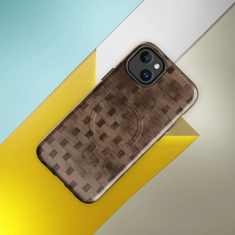 Glossy Woven Woodgrain Basket Weave MagSafe Tough Case for iPhone — tightly woven basket weave pattern in warm brown
