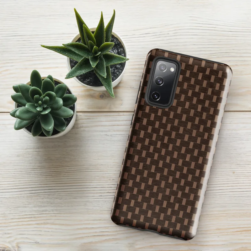 Glossy Woven Weave Tough Case for Samsung — tightly woven basket weave pattern in dark espresso brown and warm tan