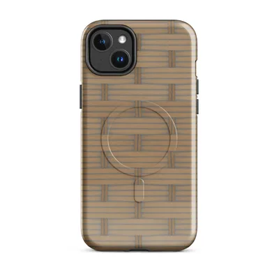 repeating woven basket weave pattern in warm golden tan, mimicking hand-laid bamboo strips in a traditional over-under textile style on Glossy Woven Bamboo Weave MagSafe Tough Case for iPhone - default - Front view