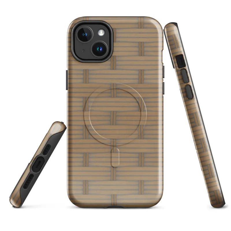 Glossy Woven Bamboo Weave MagSafe Tough Case for iPhone — repeating woven basket weave pattern in warm golden tan, mimicking