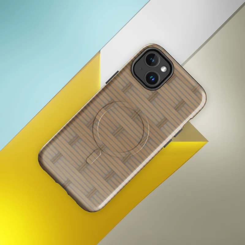 Glossy Woven Bamboo Weave MagSafe Tough Case for iPhone — repeating woven basket weave pattern in warm golden tan, mimicking