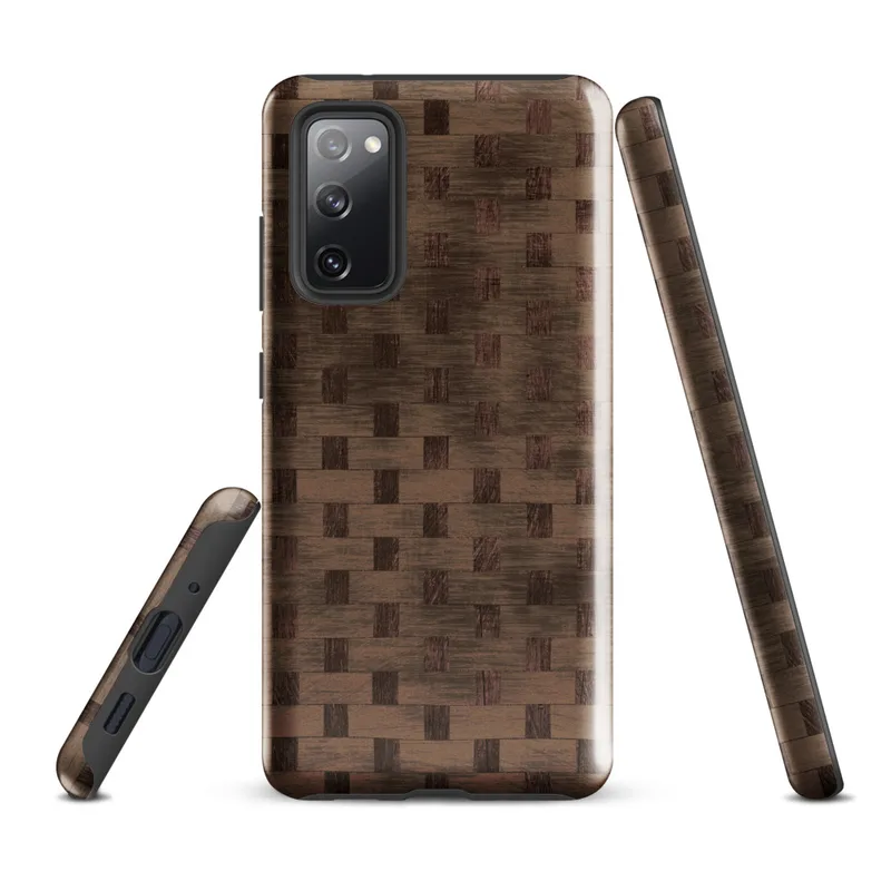 Glossy Woven Wood Basket Weave Tough Case for Samsung — tightly woven basket weave pattern in deep mahogany and warm caramel