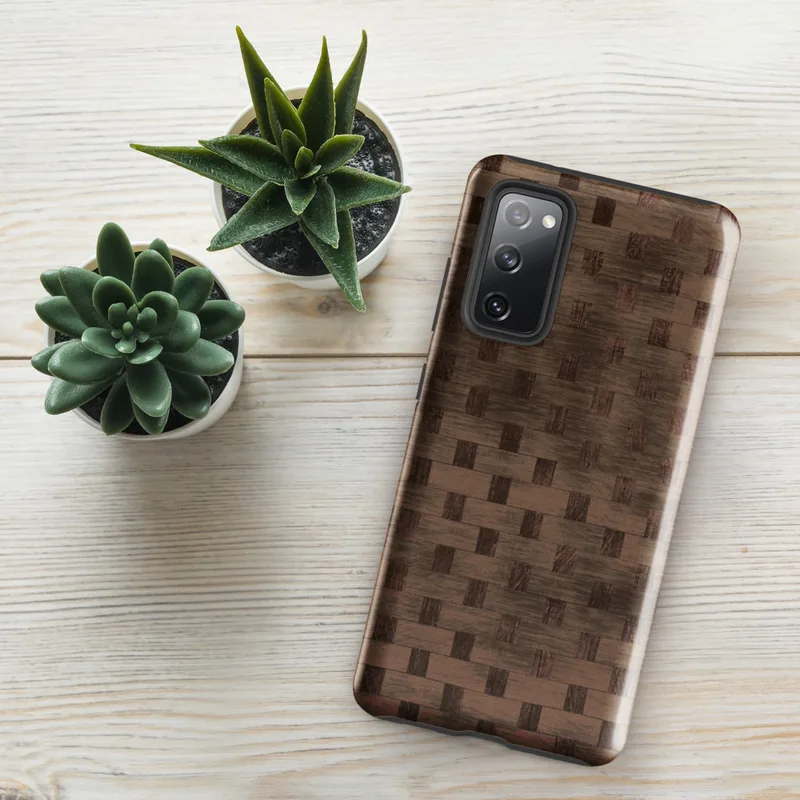 Glossy Woven Wood Basket Weave Tough Case for Samsung — tightly woven basket weave pattern in deep mahogany and warm caramel